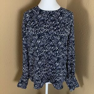 Express Blue & White Print Long Sleeve Blouse Size Small Flowy Career